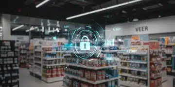 Digital overlay of financial security on a retail store, symbolizing 2025 AML compliance.