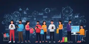 Consumers engaging with digital devices, reflecting future shopping and interaction trends in 2025.