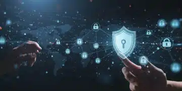 Secure digital data network with privacy shield, representing 2025 consumer privacy landscape and data protection.