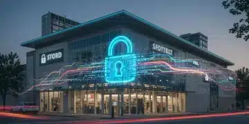 Digital padlock over retail store, symbolizing 2025 federal cybersecurity framework protecting customer data.