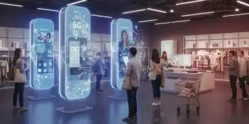 Shoppers engage with 5G-powered interactive displays in a modern retail store, showcasing personalized shopping experiences.