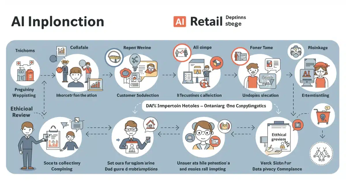 Infographic showing AI implementation stages and regulatory checkpoints in retail