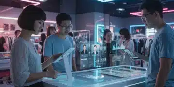 Futuristic retail store with AI personalized recommendations