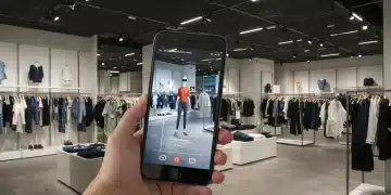Woman trying on virtual clothes with augmented reality app on phone in retail store