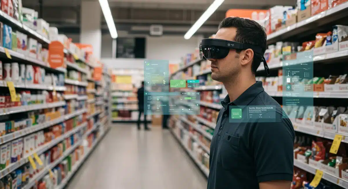 Shopper using augmented reality glasses to view product details in a modern retail environment, enhancing their in-store experience.