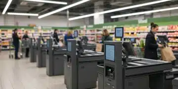 Automated checkout systems in a modern US supermarket, showing customers using self-service kiosks.