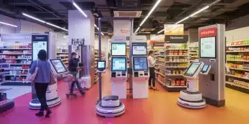 Modern retail store with automated self-checkout, inventory robots, and smart shelves.