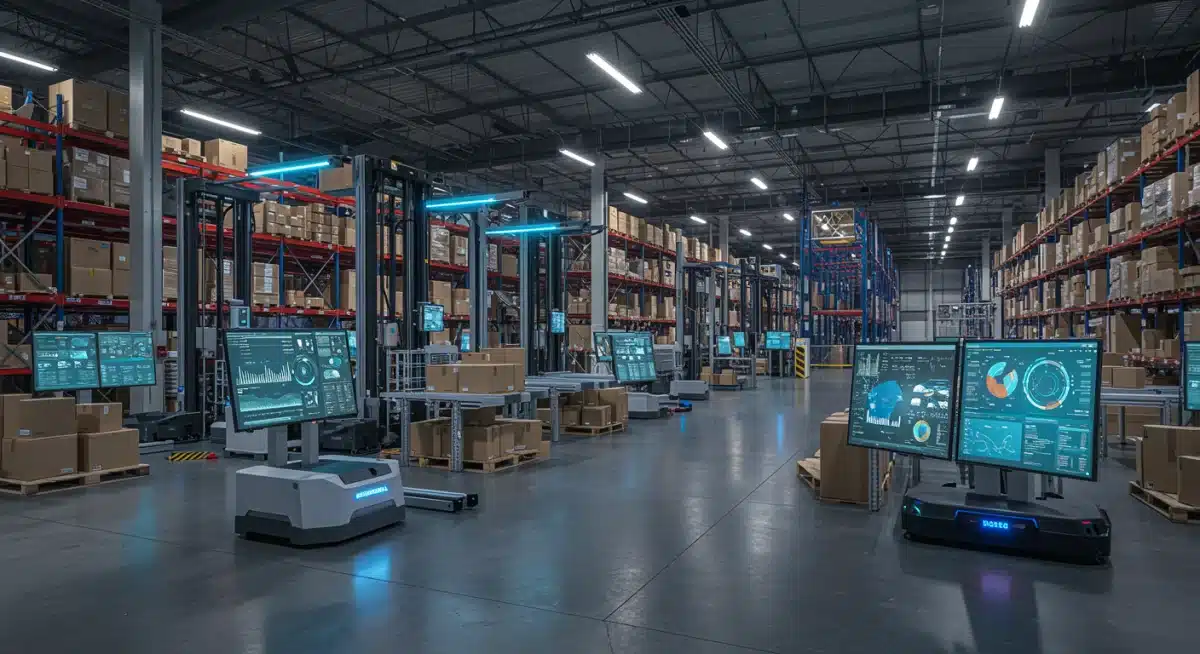 Automated warehouse operations showcasing advanced technology and real-time data for supply chain management.