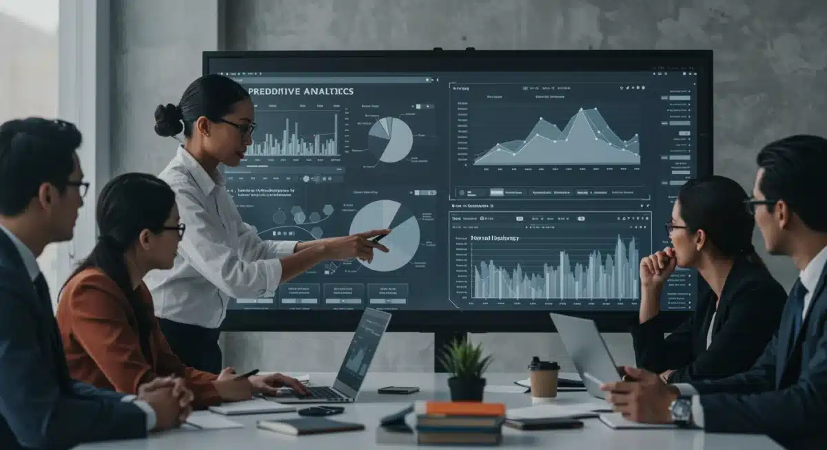 Business team analyzing predictive analytics data for strategic planning