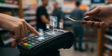 Customer making a fast contactless payment with a smartphone at a modern POS terminal in a US store.