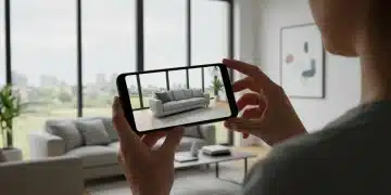 Customer using augmented reality in a retail setting to visualize products.