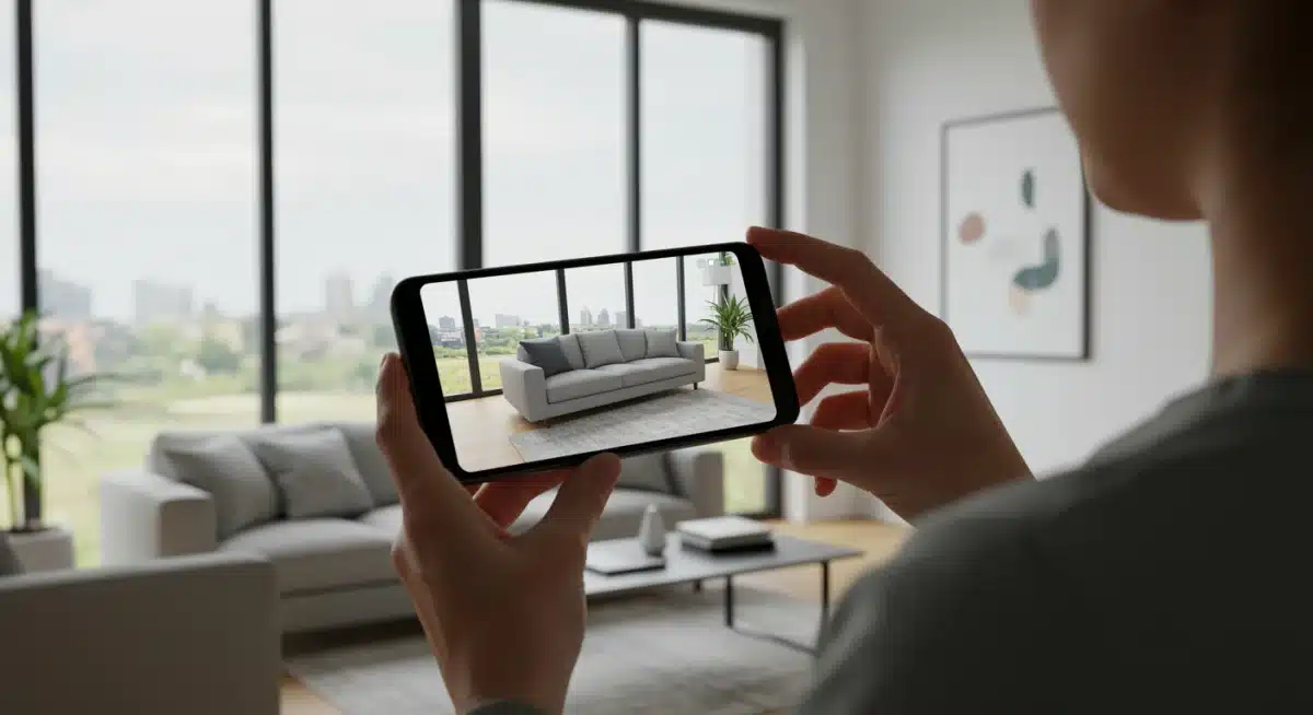 Customer using augmented reality in a retail setting to visualize products.