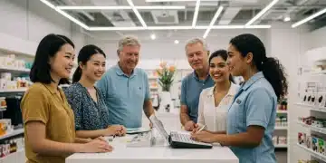 Happy customers engaging with a retail associate, symbolizing effective customer retention strategies.