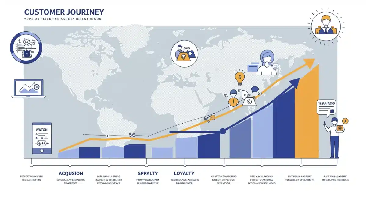 Infographic of customer journey stages and increasing engagement for lifetime value.