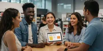 Diverse customers engaging with a retail brand representative, illustrating strong customer loyalty programs.