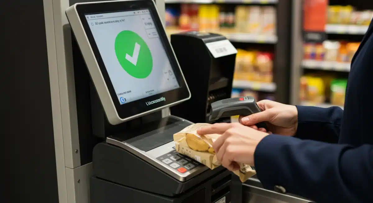 Customer using a self-checkout kiosk, successfully scanning groceries.