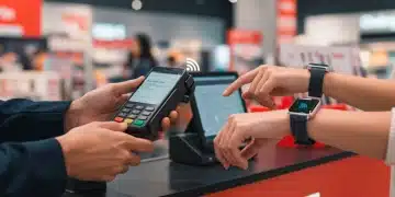 Customer paying with smartphone at modern retail checkout