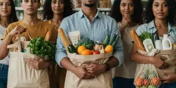 Diverse consumers making ethical shopping choices at a market