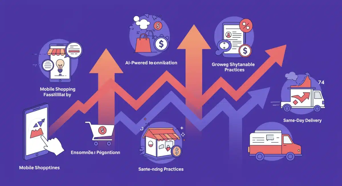 Infographic showing key drivers of e-commerce growth including mobile, AI, sustainability, and fast shipping.