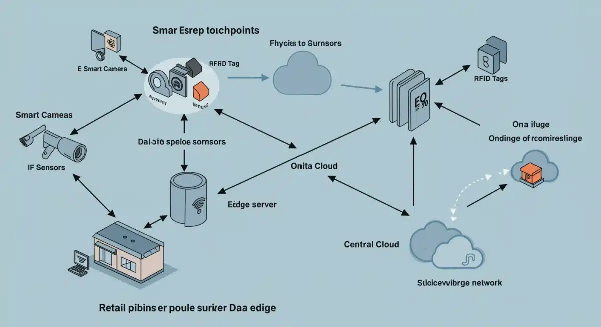 Diagram illustrating edge computing data flow from retail touchpoints to local servers and cloud