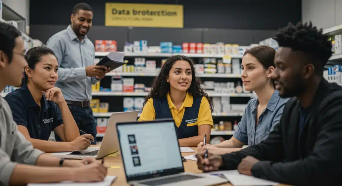 Retail employees engaged in cybersecurity training, learning data protection protocols.