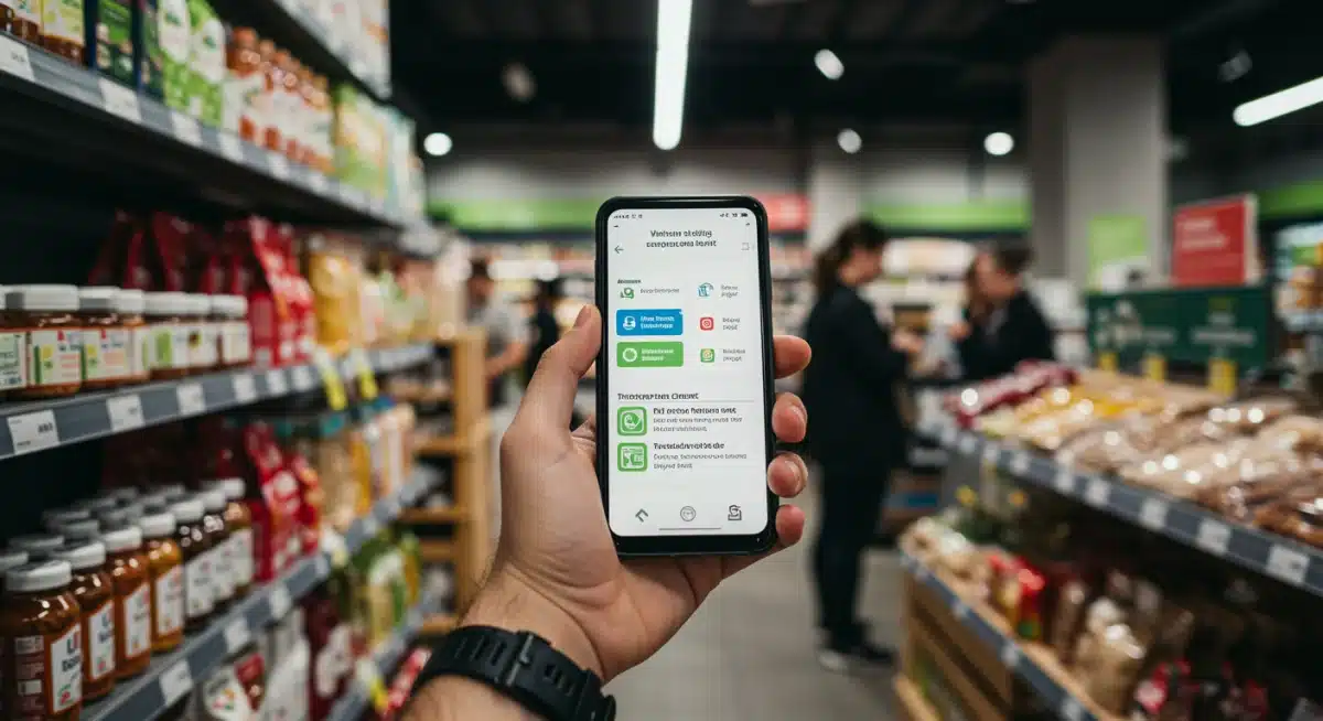Shopper scanning QR code for product transparency, emphasizing ethical consumption and digital integration.