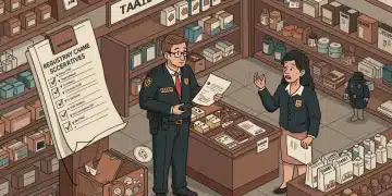 Federal agent addressing a retail manager about compliance, representing recent enforcement actions.