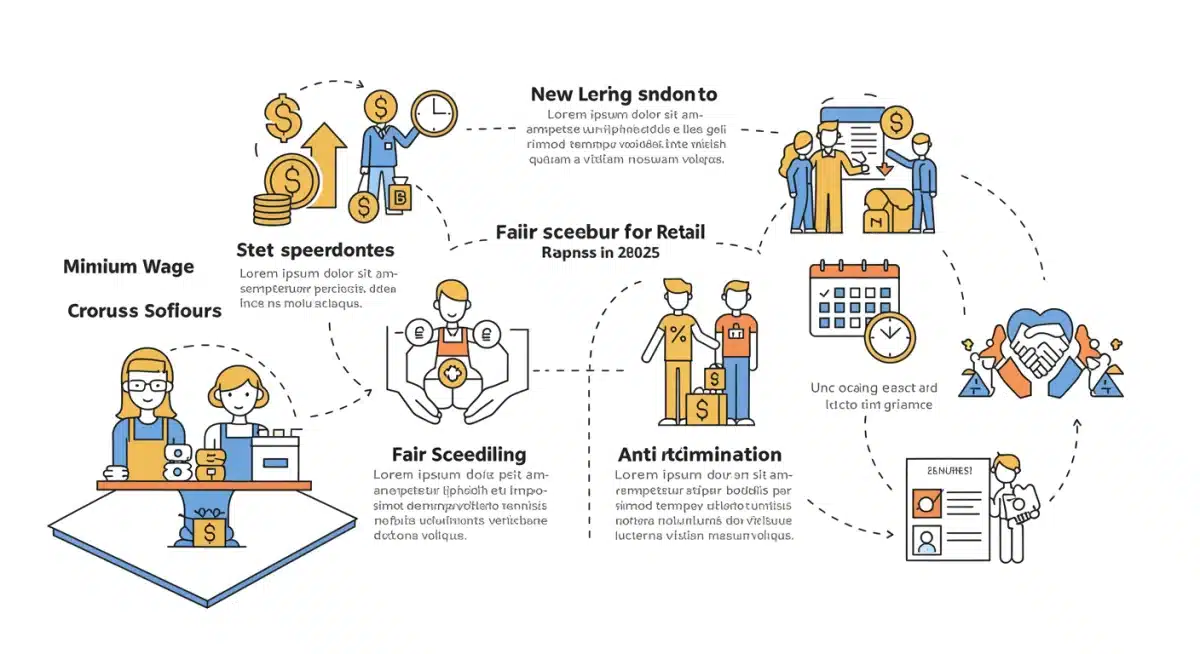 Infographic summarizing key federal labor law changes for retail employees in 2025, showing wage, scheduling, and protection icons.