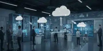 Futuristic retail store powered by cloud technology, showing data flow and cost savings