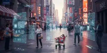 Futuristic digital marketplace with drones and holographic displays, representing US e-commerce growth.