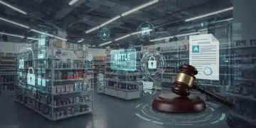 Futuristic retail store with AI interfaces and legal documents symbolizing federal regulations
