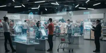 Data Analytics Platforms: Uncovering US Retail Trends with 90% Accuracy by 2025 Futuristic retail store with data analytics dashboards and consumer trend projections