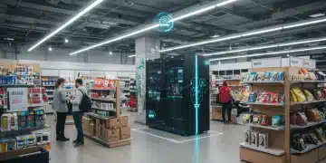 Futuristic retail store showcasing edge computing infrastructure for real-time data processing