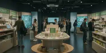 Gen Z shoppers engaging with modern retail technology and sustainable products in a dynamic store environment.