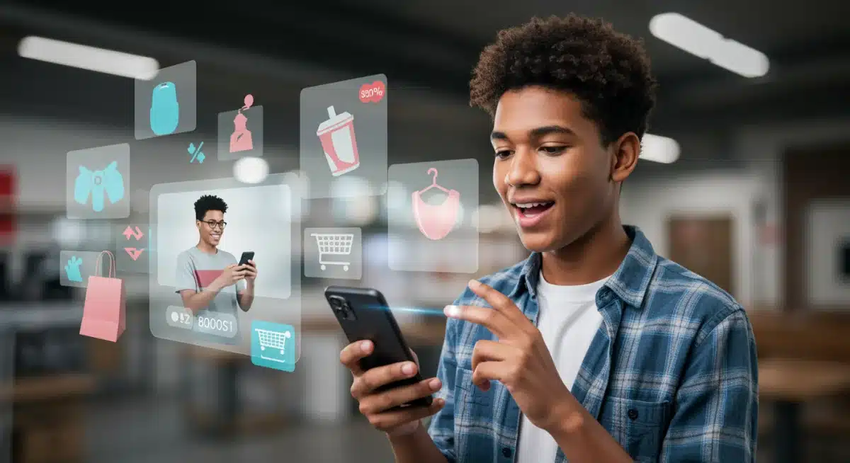 Gen Z consumer engaging in social commerce via smartphone, blending digital and physical retail.
