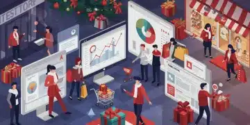 Diverse shoppers using smartphones and laptops for holiday shopping, with data visualizations in the background.