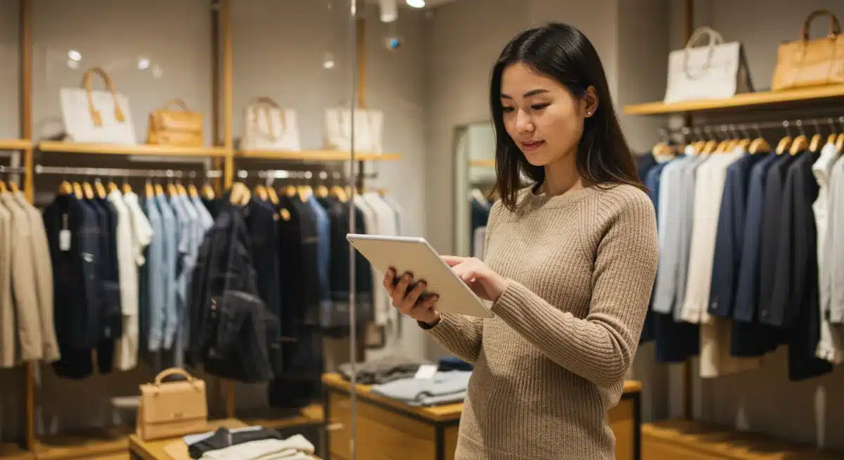 Customer using a tablet in a store to access online product information, showcasing phygital integration.