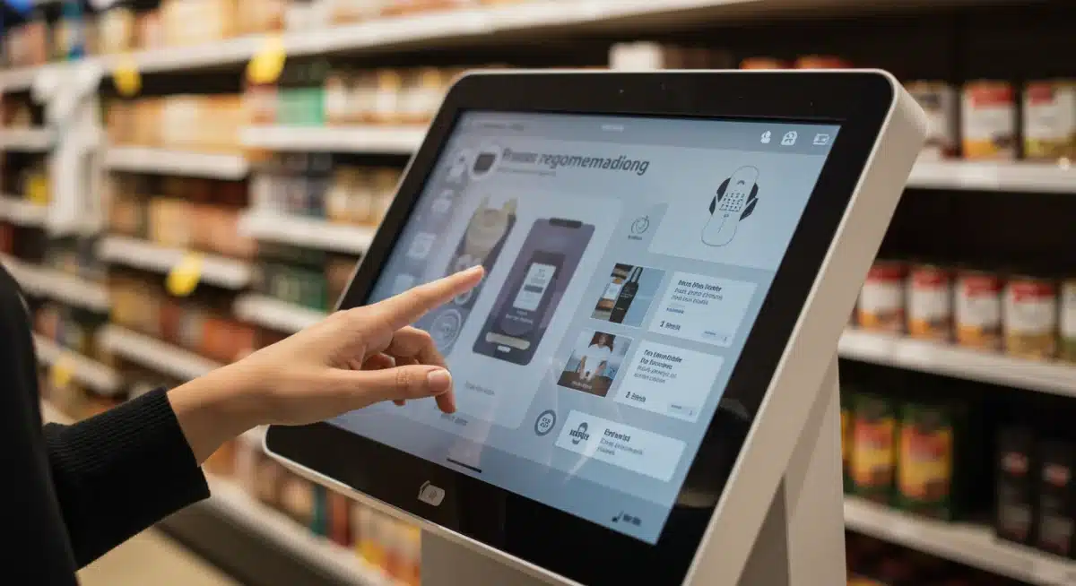 Customer interacting with a personalized digital signage kiosk for product recommendations