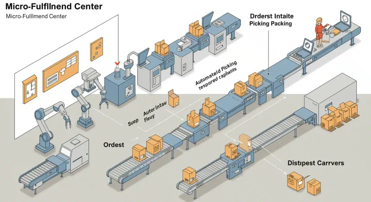 Operational workflow diagram of a micro-fulfillment center showcasing automation