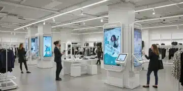 Modern retail store interior with customers using digital touchscreens and smart mirrors for an enhanced shopping experience.
