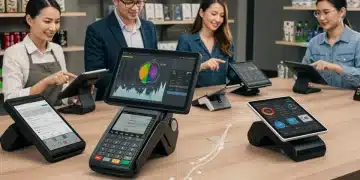 Modern POS systems in use at various small businesses, showing efficiency and financial growth potential.
