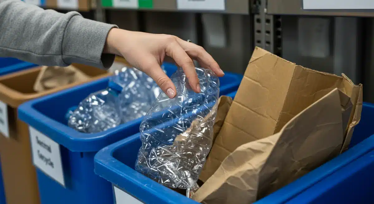 Hand sorting packaging materials into recycling bins, demonstrating waste reduction.