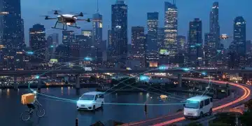Futuristic urban logistics network with delivery drones and vans for quick commerce.