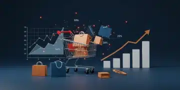 Illustration of a shopping cart with reduced abandonment, showing positive sales trends.