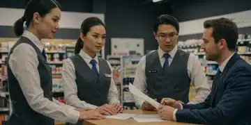 Diverse retail employees reviewing federal labor law documents with a legal expert in a bright, modern store.