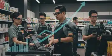 Retail employees using wearable technology in a modern store to enhance efficiency