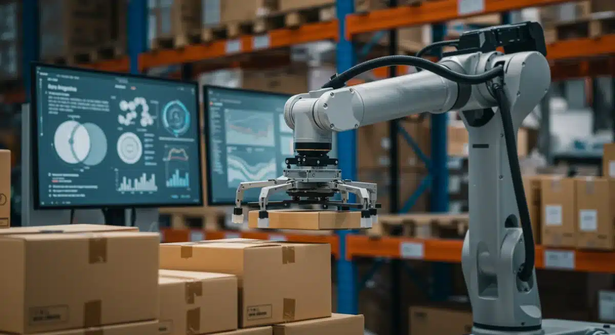 Robotic arm efficiently restocking shelves in a retail warehouse, optimizing inventory.