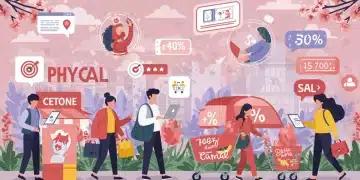 Consumers shopping online and in-store during a vibrant spring season, with digital interfaces and blooming flowers.