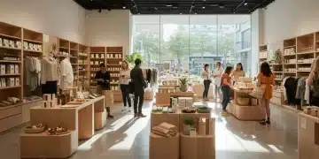 Sustainability in Retail: New Consumer Demands Driving Market Shift Sustainable retail store interior with eco-friendly products and diverse shoppers.