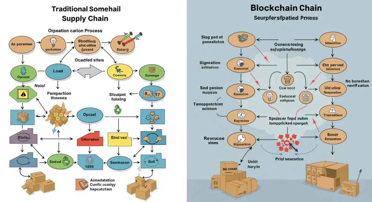 Comparison of traditional and blockchain supply chain processes.